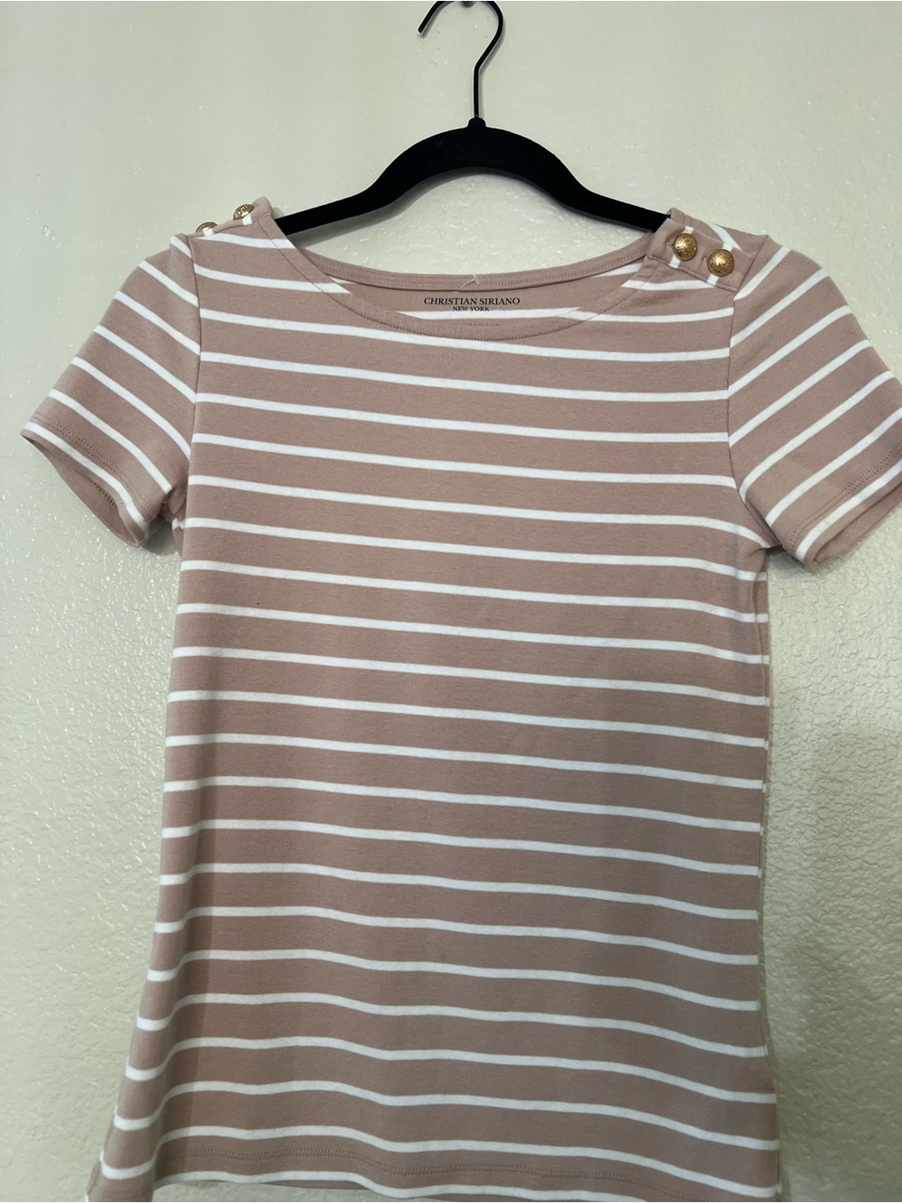 Christian Siriano Blush Pink & White Striped Short Sleeve Tee with Gold Buttons